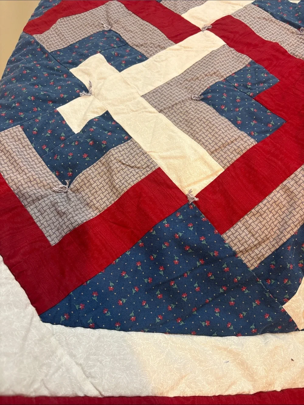 Hand Crafted Red, Blue & Cream Geometric Patchwork Quilt